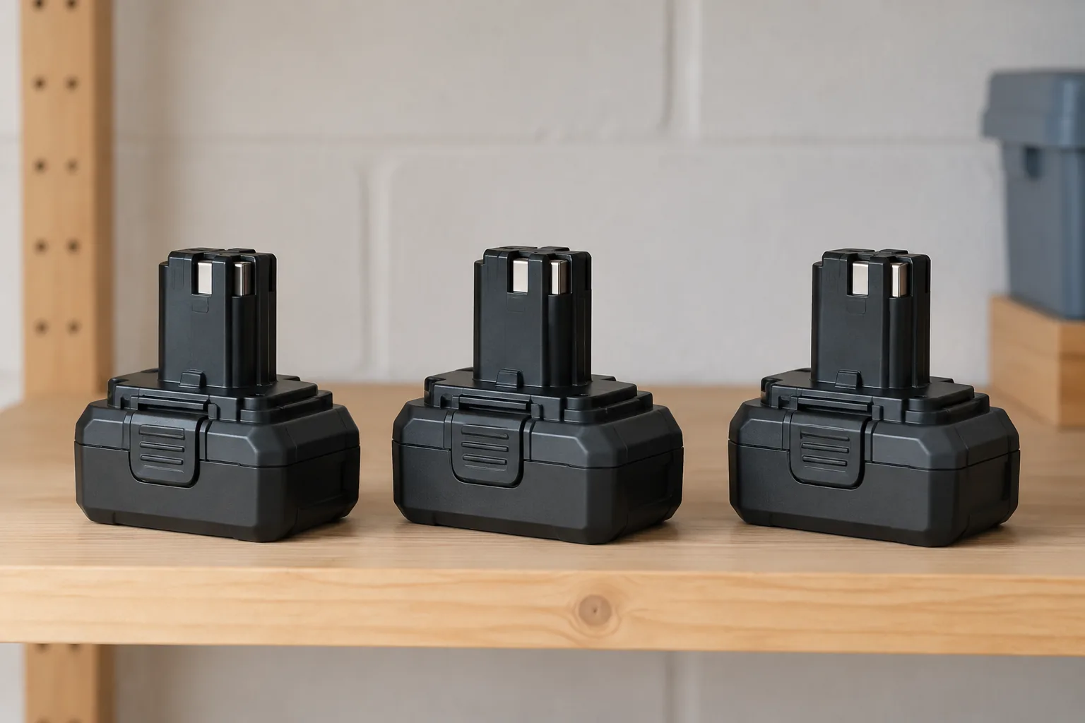 Three cordless tool battery packs standing in a row on a wooden shelf indoors, dry and off the floor
