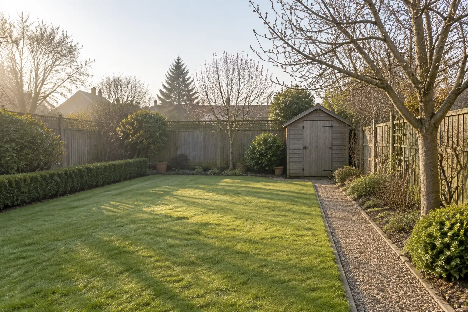 A domestic back garden in late winter: mown lawn, gravel path, clipped hedge and bare deciduous trees in low morning light